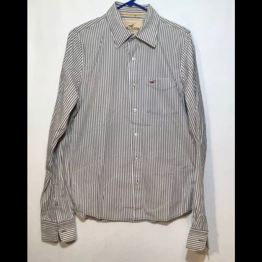 Hollister Gray White Striped Casual Button Front Shirt Large Men's Cotton